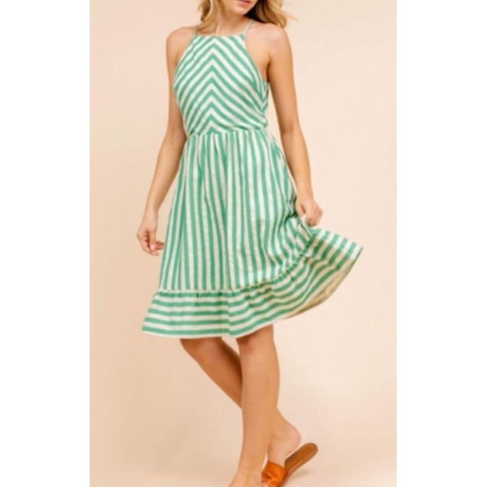 GILLI green white striped open back dress flirty ruffle hem sundress cotton Sz S
